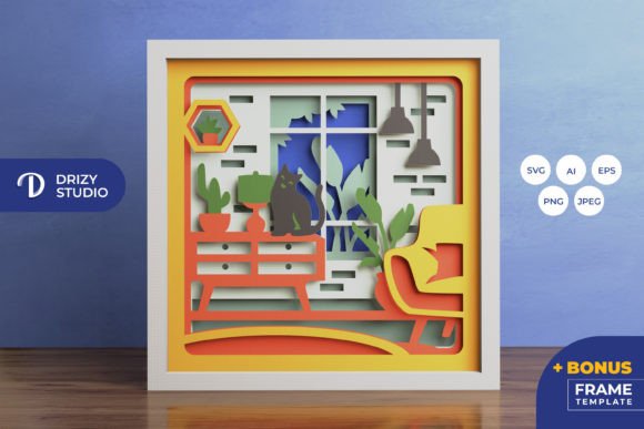 Cat in the Living Room 3D SVG for Shadow Boxes